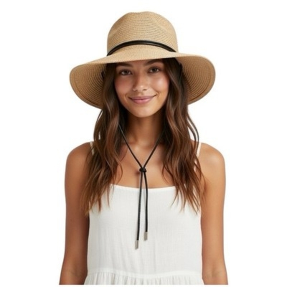 Women's Wide Brim Straw Sun Hat Beach Floppy Summer Linen Cap Black Leather Tie